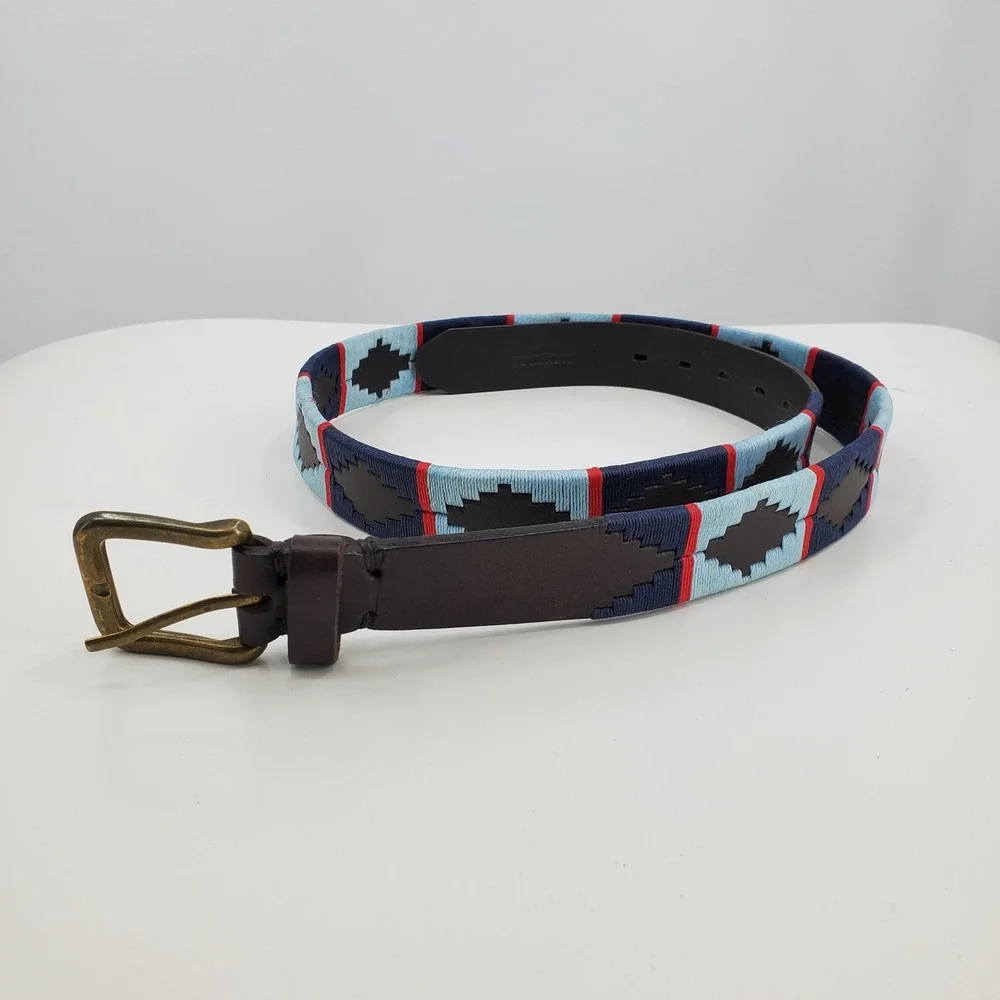 Pioneros Leather Polo Belt Pampa Diamond Blue Navy Red Size 110 Western Aztec